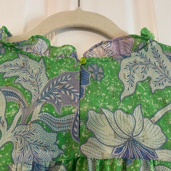 Joie Green Pleat Femme Floral Blouse Cap Sleeves Ruffle Crew Neck size XL - Picture 8 of 13